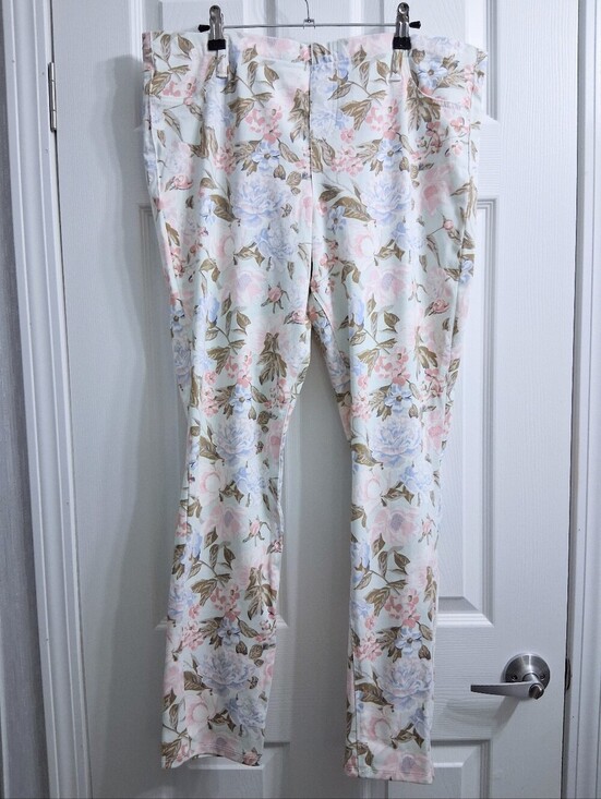 Mixit Pants - Mixit Floral Stretch Pants Pastel Flowers On White Pink Blue Botanical XL